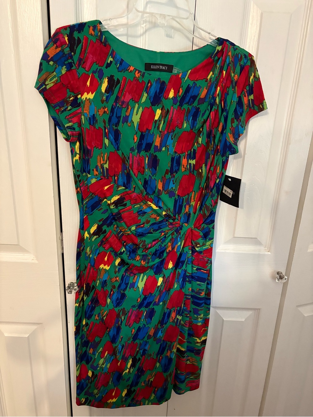 Ellen Tracy Green Multi-Color Abstract Knot-Waist Midi Dress